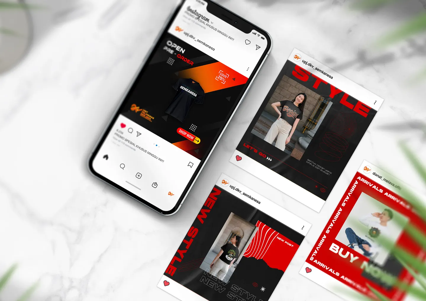 Mockup unggahan Instagram bertema merchandise DKV yang ditampilkan pada layar ponsel.