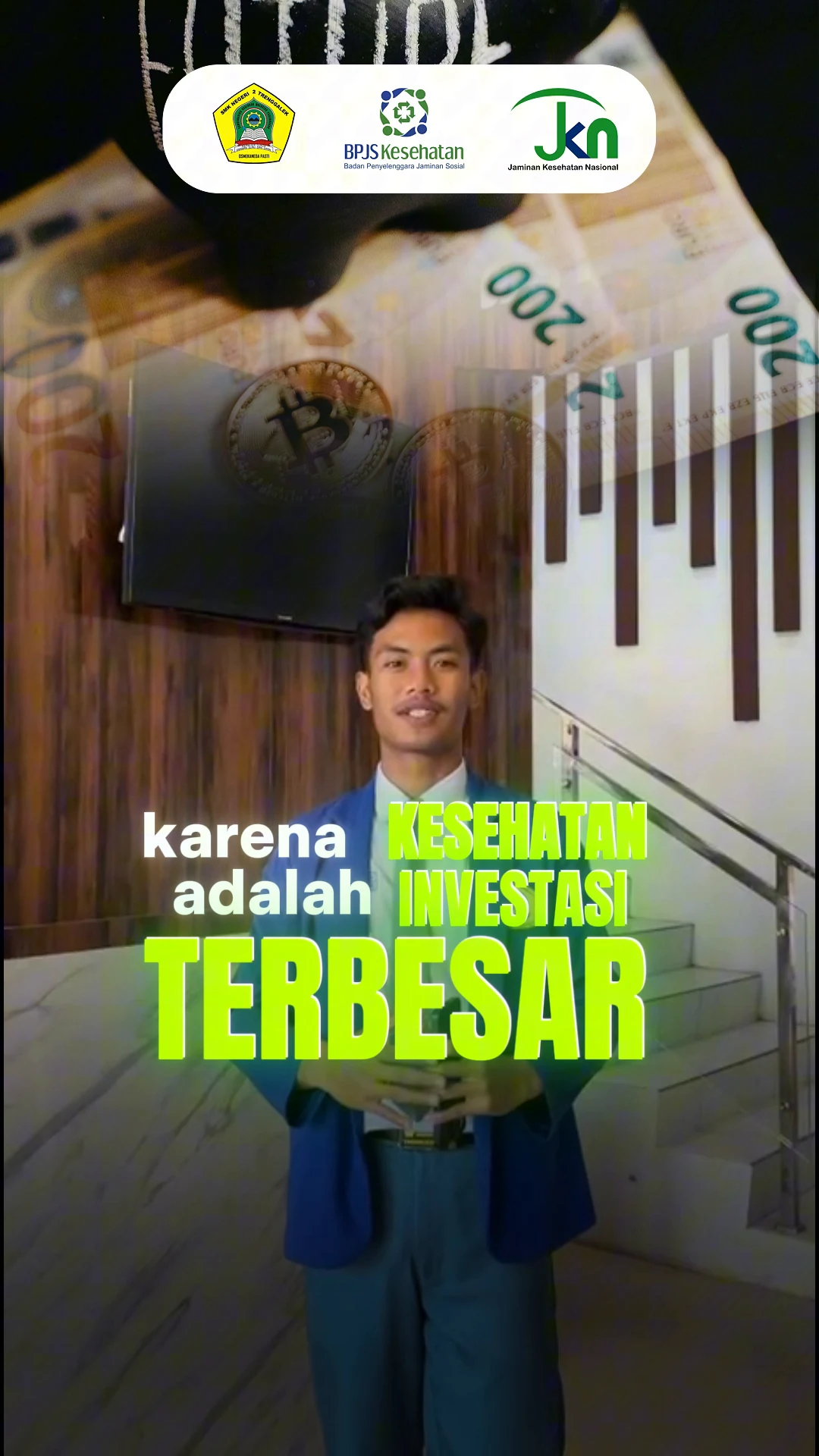 Cuplikan adegan penutup dengan penekanan teks kinetik 'karena KESEHATAN adalah INVESTASI TERBESAR' dan latar grafik finansial.