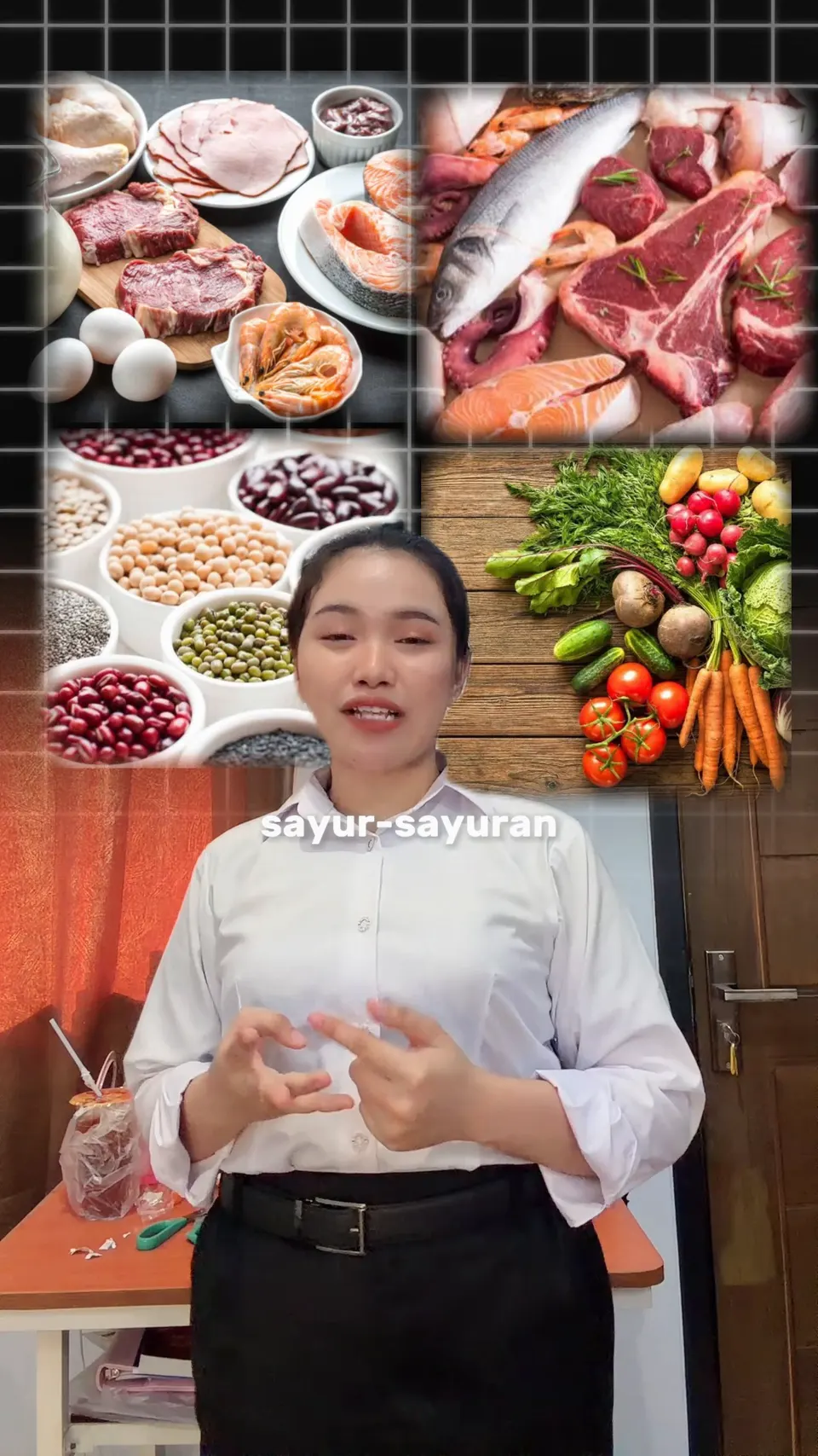 Poster video edukasi gizi ibu hamil menampilkan presenter dan susunan 4-grid bahan pangan bergizi.