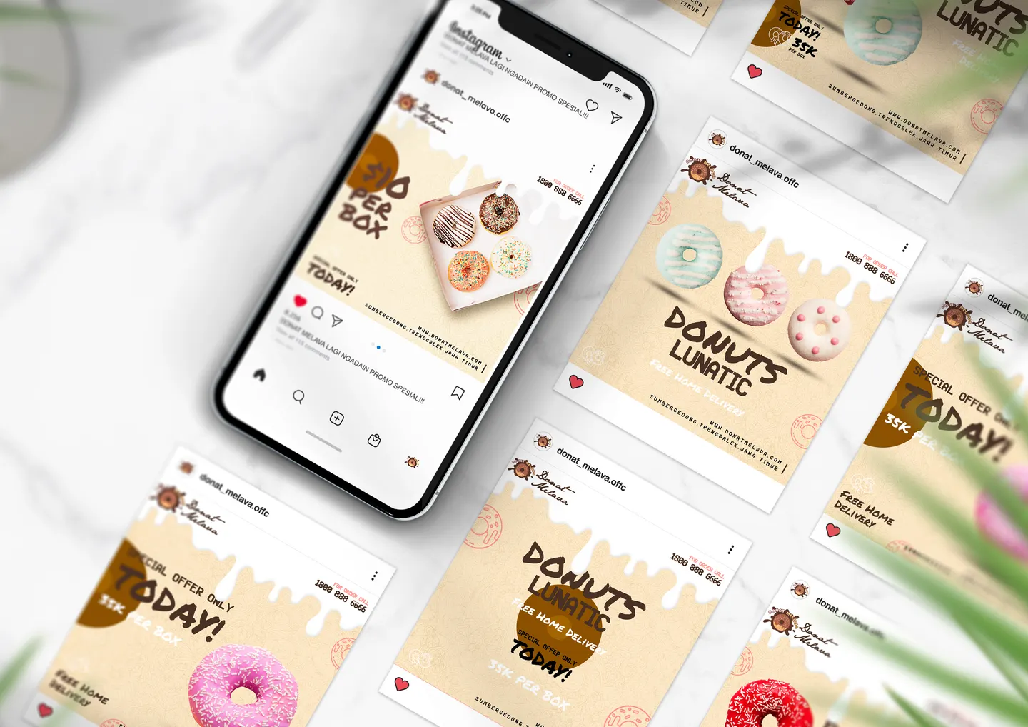 Mockup unggahan Instagram promosi Donat Melava yang ditampilkan pada layar ponsel.