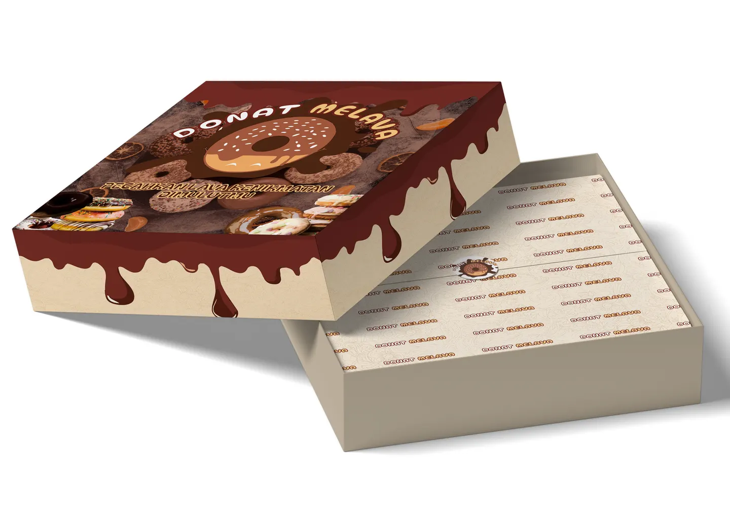 Mockup kotak donat Melava terbuka dengan tutup bermotif tetesan cokelat dan bagian dalam bermotif logo berulang.