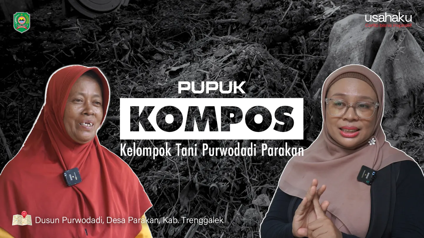 Thumbnail YouTube Pembuatan Pupuk Kompos dengan foto narasumber dan judul hijau tegas.