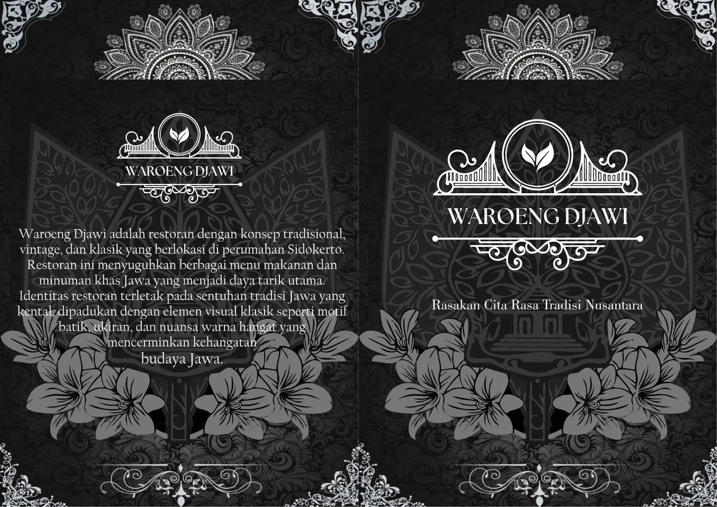 Halaman perkenalan merek menu Waroeng Djawi bergaya klasik monokrom dengan motif batik dan siluet gunungan.