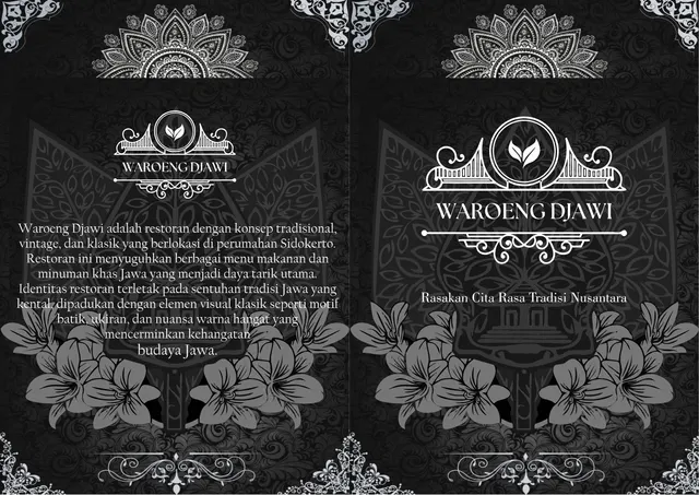 Halaman perkenalan merek menu Waroeng Djawi bergaya klasik monokrom dengan motif batik dan siluet gunungan.