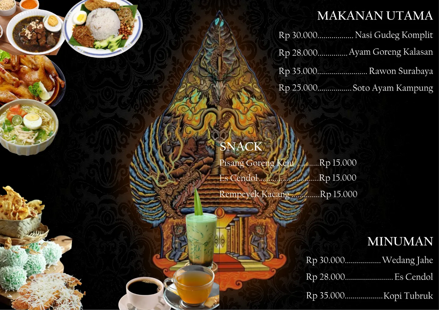 Daftar menu lengkap Waroeng Djawi menampilkan foto hidangan dan harga pada latar gelap berornamen wayang kulit.